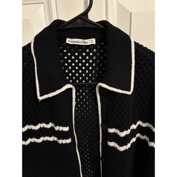 ABERCROMBIE & FITCH Women Crochet Short Sleeve Polo With Tipping Black White XS - Picture 5 of 8
